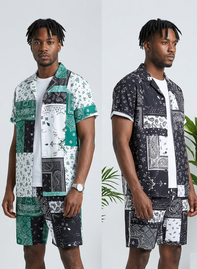 Men's Paisley Colorblock Bandana Print Turn-Down Collar Short Sleeve Shirt + Matching Shorts 2-Piece Set to 6X Big & Tall