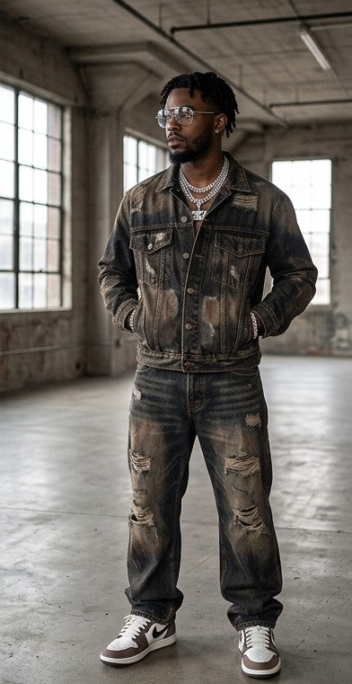 Men's Denim Colorblock Gradient Faded Checker Pattern Ripped Jean Jacket + Wide Leg Streetwear Hip-Hop Men's 2-Piece Set