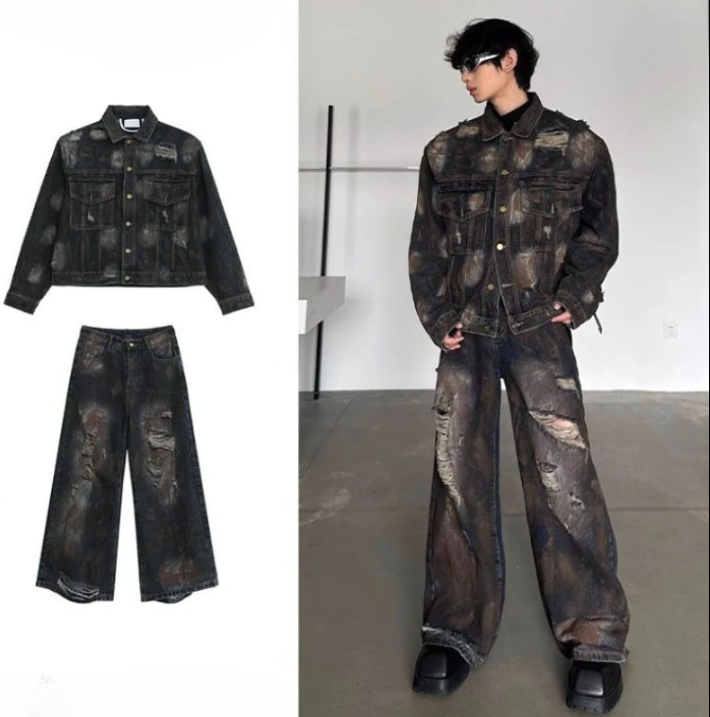 Men's Denim Colorblock Gradient Faded Checker Pattern Ripped Jean Jacket + Wide Leg Streetwear Hip-Hop Men's 2-Piece Set