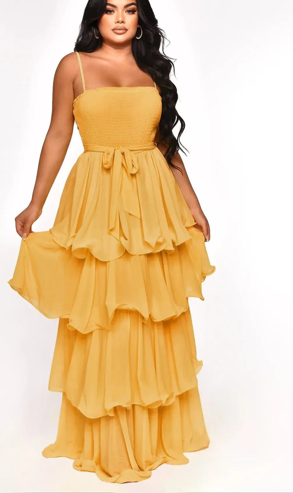 Tiered Chiffon Solid Spaghetti Strap Ruffled Big Swing Maxi Formal Party Dress