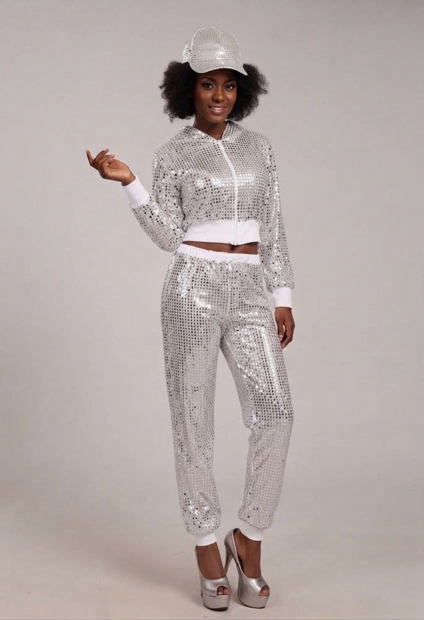 Sequin Metallic Sparkling Glitter Women's Zipper Bomber Jacket + Matching Sweatpants Tracksuit to 3X Plus Size