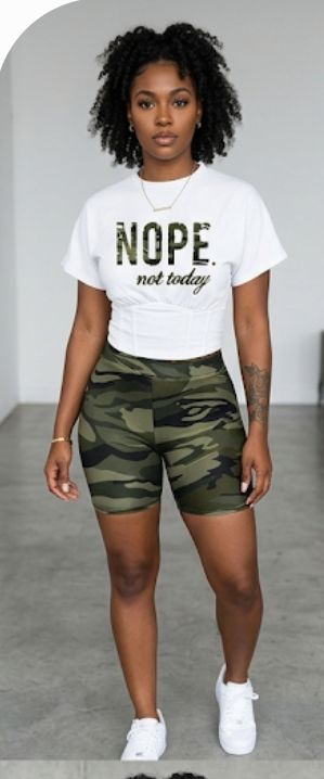 "NOPE Not Today"/Faith/Lip/Striped/Stiletto/Eyelash Print Women’s O-Neck Short Sleeve T-Shirt + Mini Shorts 2-Piece Set