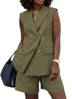 Business Button Design Double Breasted Women's Sleeveless Vest + Shorts Solid Color 2-Piece Suit