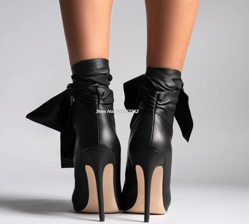 Bowtie Detail Open Pointed Toe Stiletto Heel Side Zipper Strap Ankle Boots