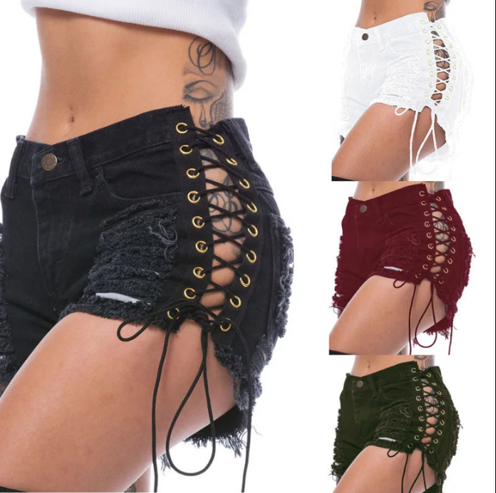 Denim Distressed Ripped Side Eyelet Lace-Up Hollow-Out Women's Bandage Mini Jean Shorts