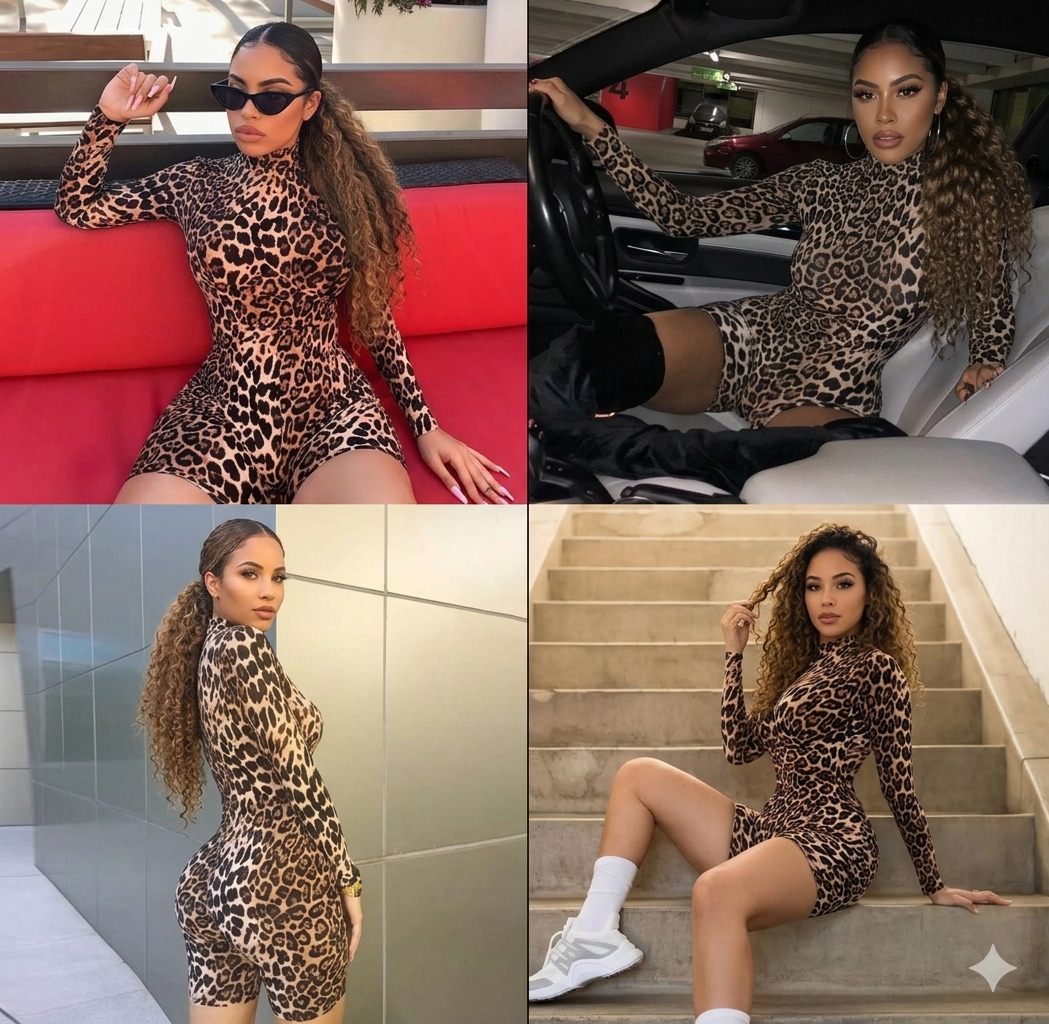 Leopard/Zebra Print Mock Neck Long Sleeve Women's Skinny Bodycon Shorts Romper