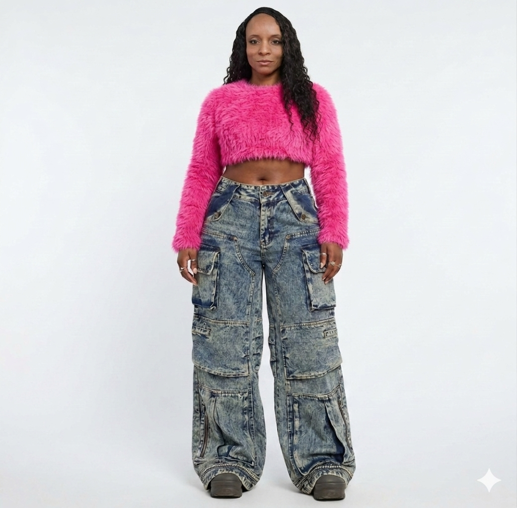 Faded Denim Baggy Multi-Pocketed Reverse Zipper Design Women's Hip-Hop Streetwear Cargo Jeans to 4X Plus Size