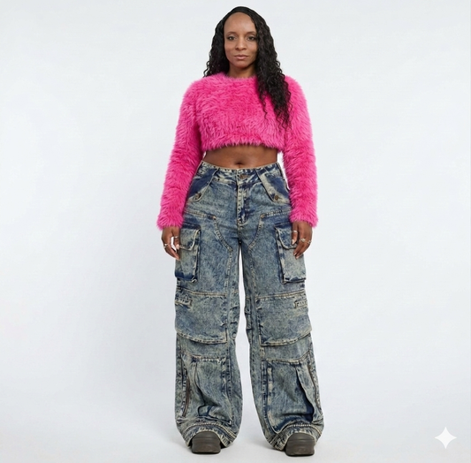 Faded Denim Baggy Multi-Pocketed Reverse Zipper Design Women's Hip-Hop Streetwear Cargo Jeans to 4X Plus Size
