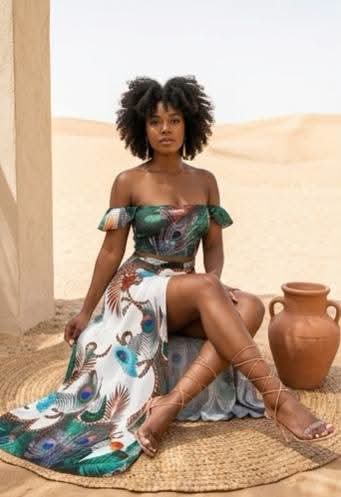 Polka Dot/Floral/Leaf/Peacock Off-the-Shoulder Short Sleeve Top & High Slit Maxi Skirt Women's 2-Piece Set to 3X Plus Size