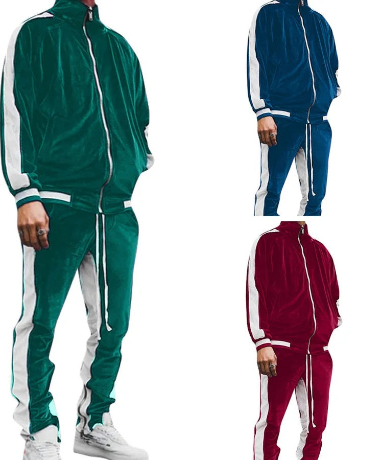 Velvet Side Striped Men's Velour Thick Hoodie + Pants Tracksuit