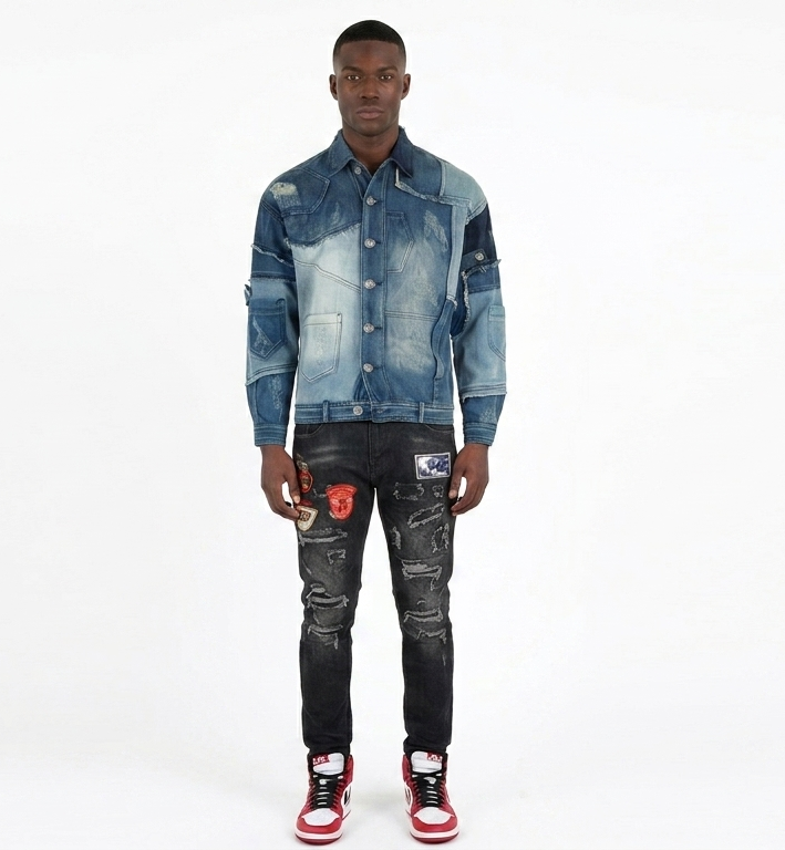 Men's Denim Patchwork Irregular Colorblock Gradient Ripped Fringe Stitch Turn-Down Collar Long Sleeve Multi-Pocketed Cargo Western Jean Jacket