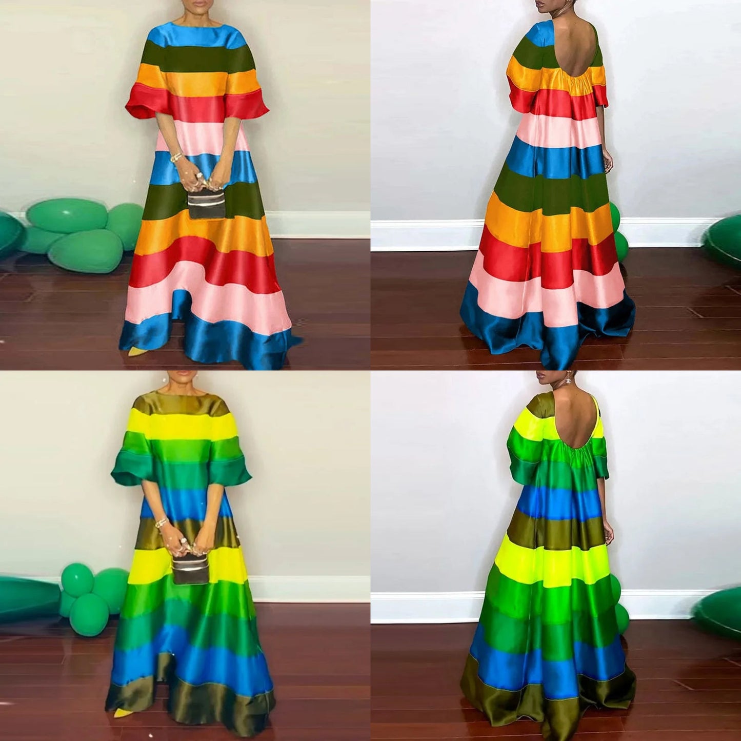 Rainbow Striped Bohemian Oversized Loose 1/2 Sleeve Backless O-Neck Maxi Dress