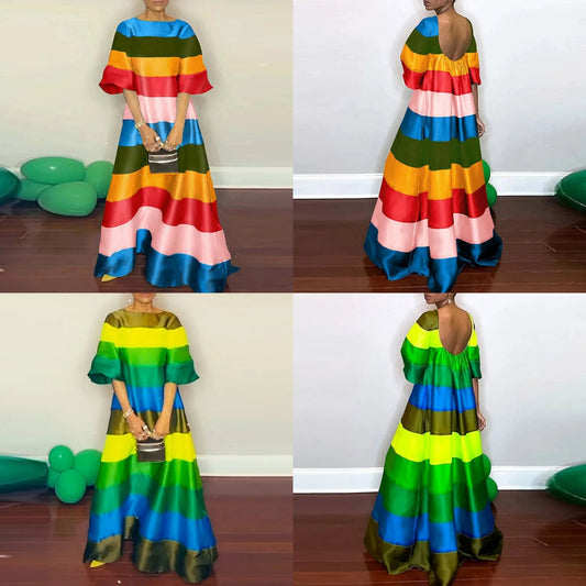 Rainbow Striped Bohemian Oversized Loose 1/2 Sleeve Backless O-Neck Maxi Dress
