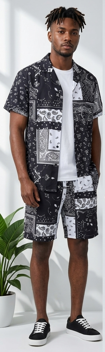 Men's Paisley Colorblock Bandana Print Turn-Down Collar Short Sleeve Shirt + Matching Shorts 2-Piece Set to 6X Big & Tall