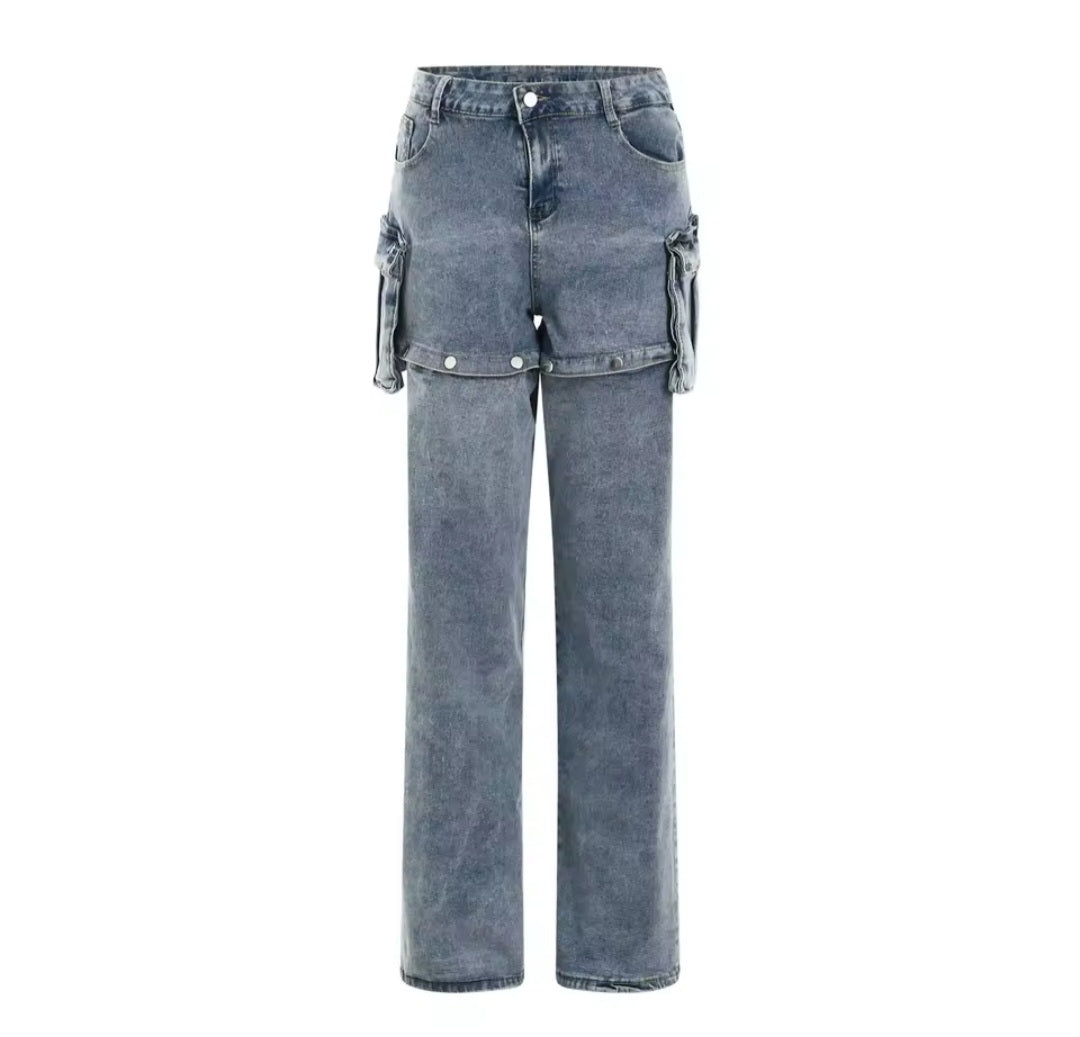 Denim Designer Button Fly High Waist Denim Cargo Jeans w/ Detachable Shorts