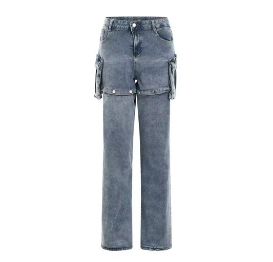 Denim Designer Button Fly High Waist Denim Cargo Jeans w/ Detachable Shorts
