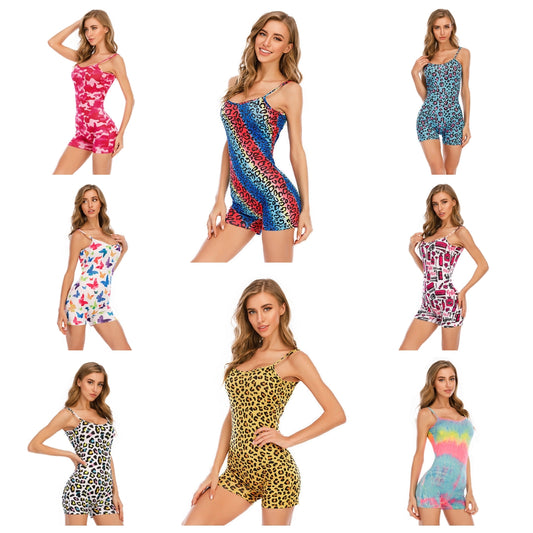 Tie-Dye/Colorblock/Leopard/Makeup Print Sleeveless Spaghetti Strap One-Piece Shorts Romper