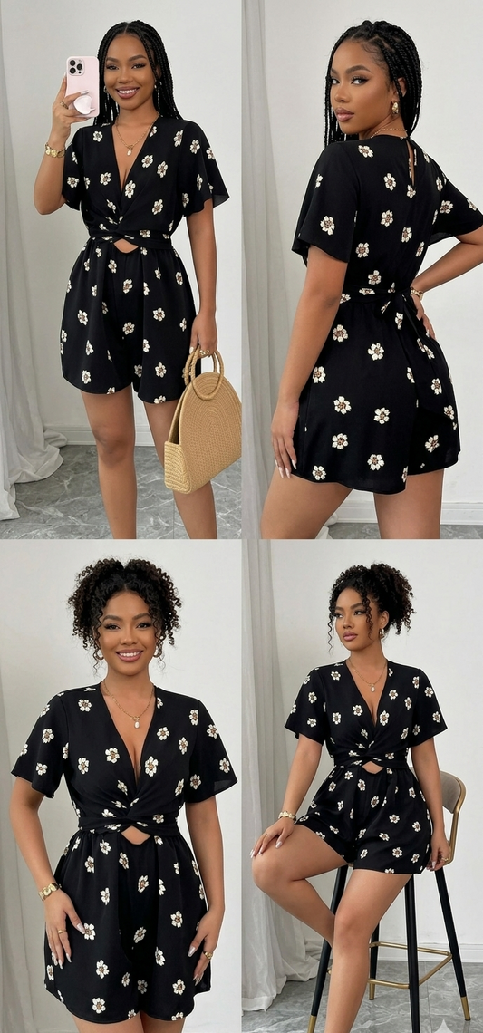 Big Flower Print Women's Short Sleeve Deep V-Neck One-Piece Shorts Romper