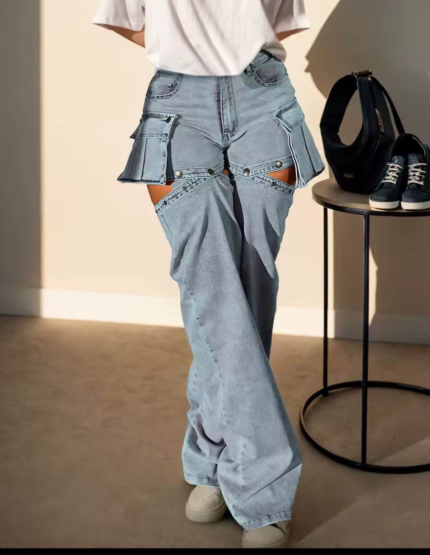 Denim Designer Button Fly High Waist Denim Cargo Jeans w/ Detachable Shorts