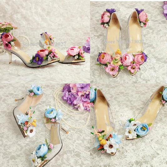 Pink/Baby Blue Rose Flower Decor Women's High Heel Pointed Toe Slip-On Pumps