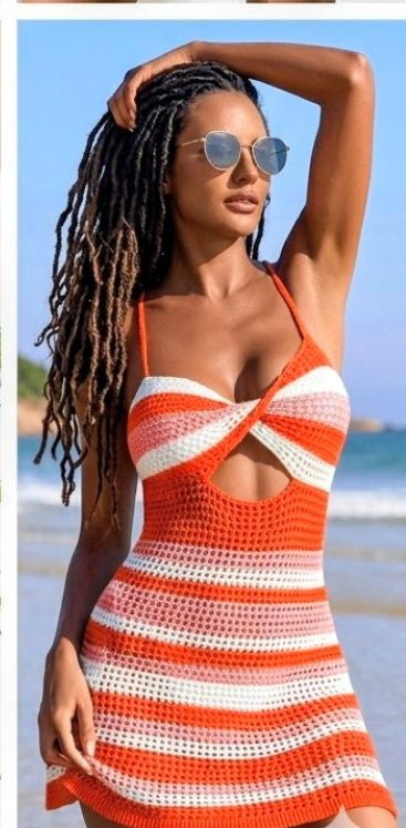Crochet Striped Colorblock Knitted Twisted Spaghetti Strap Hollow-Out Lace-Up Back Design Mini Dress
