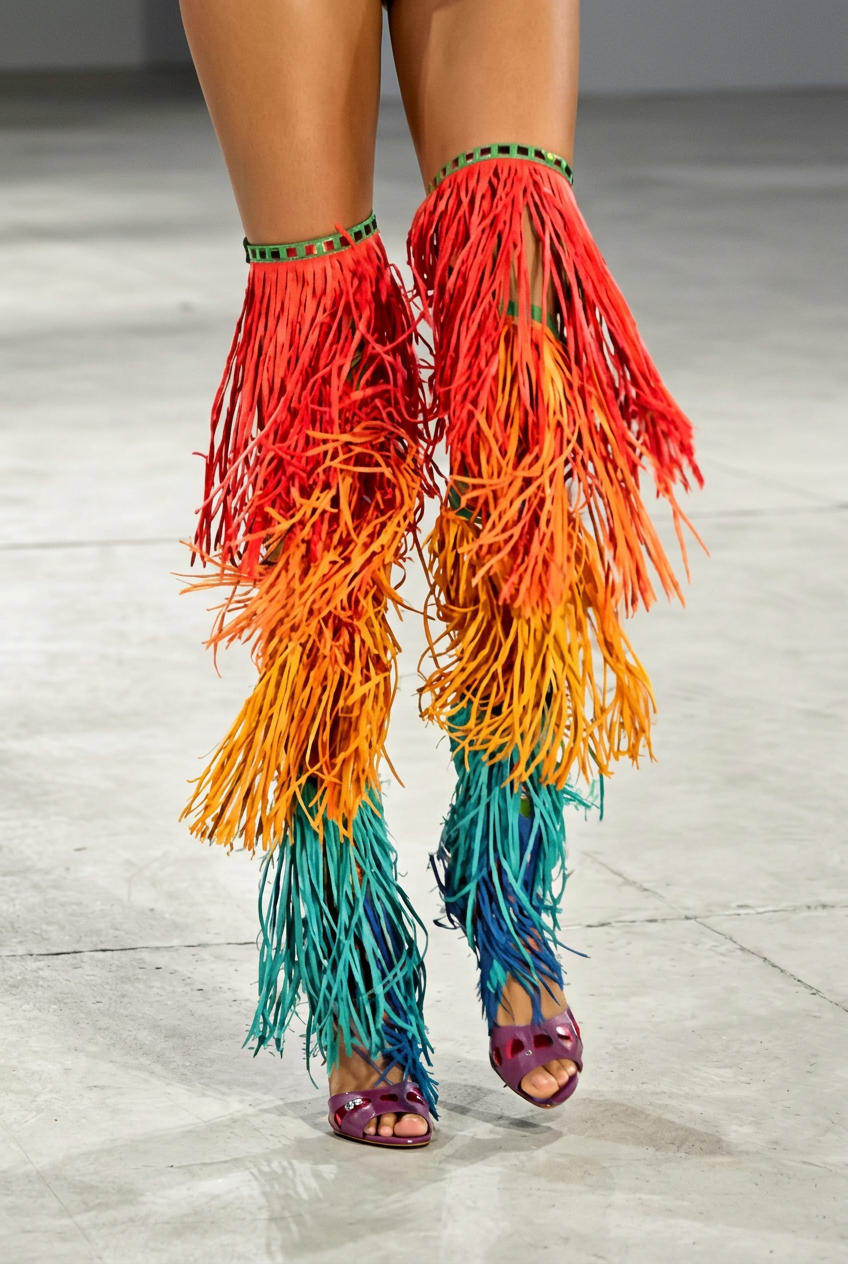 Rainbow Tiered Western Tassel Fringe Over-The-Knee Gladiator Open Toe Stiletto Heel Women's Sandal Boots