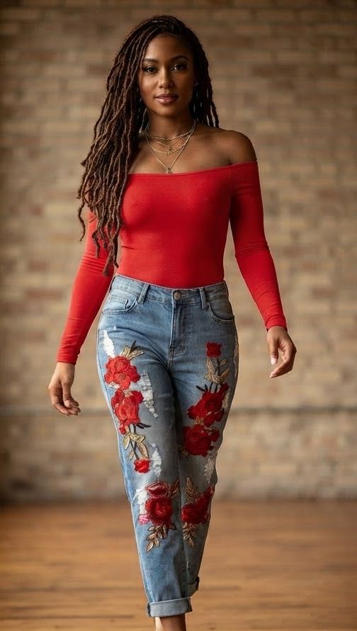 Red Rose Flower Print Women's Faded Blue Jeans to 3X Plus Size