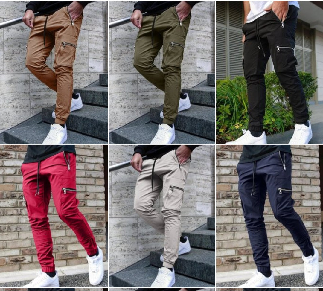 Men's Zipper Pocket Design Drawstring Solid Cargo Pants