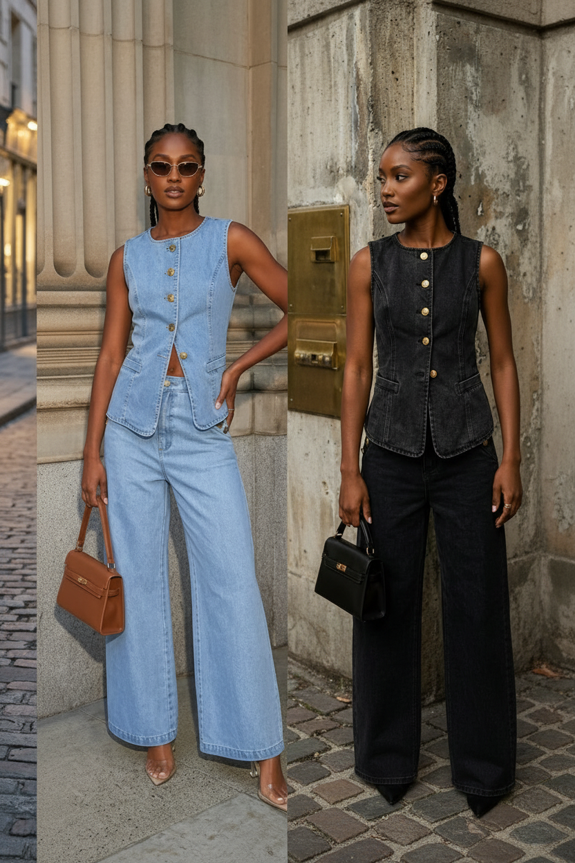 Denim Light Blue/Black Sleeveless Gold Button Detail Women's Jean Vest + Wide Leg Straight Jeans 2-Piece Set