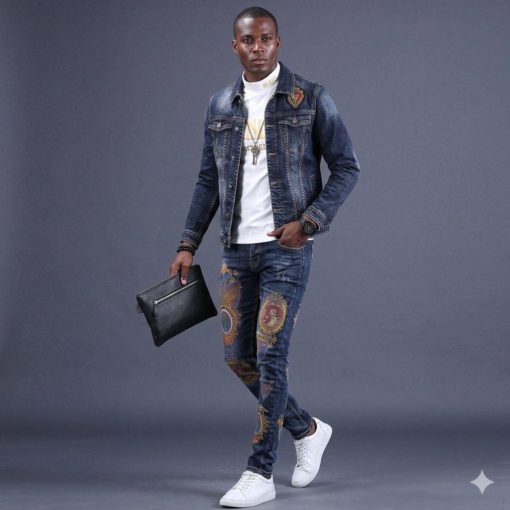 Designer Men's Denim Baroque Print Embroidered Hip-Hop Streetwear Jean Jacket+ Jeans 2-Piece Set