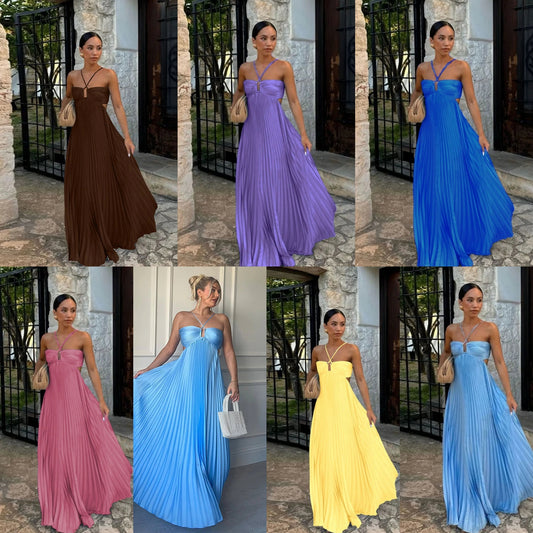 Pleated Halter Spaghetti Strap Backless Sleeveless Beach Maxi Dress