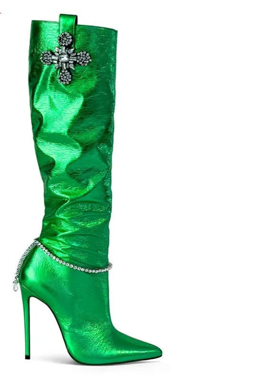 Solid Crystal Rhinestone Cross Pendant Pointed Toe High Heel Boots