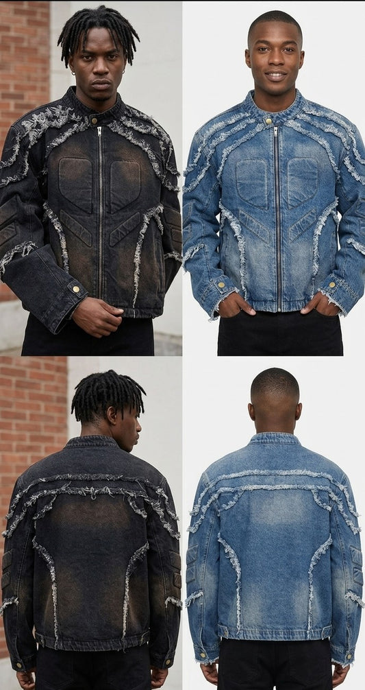 Men's Denim Vintage Tiered Tassel Fringe Embossed Frayed Shoulder Design Stand Collar Biker Jean Jacket