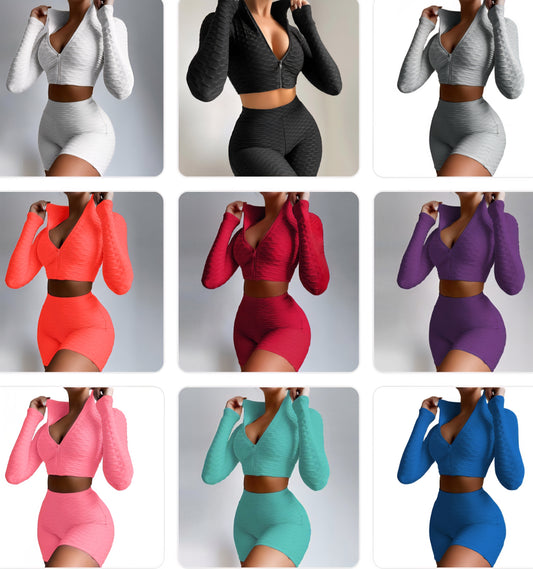 Texturized Fitness Long Sleeve Crop Zipper Jacket + Workout Gym Shorts 2-Piece Set