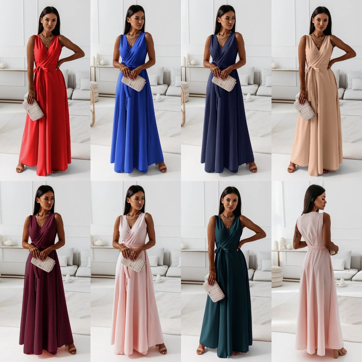 Solid Color V-Neck Sleeveless Belted Party Evening Maxi Wrap Dress