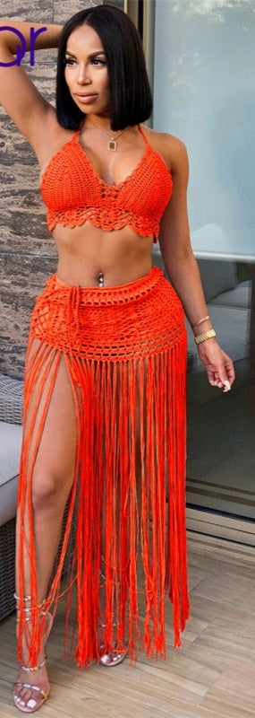 Knitted Crochet Bra + Tassel Fringe Skirt  Swimwear 2-Piece Set