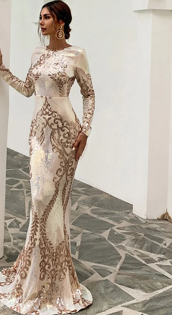 Metallic Mermaid Sequin O-Neck Long Sleeve Backless Bodycon Maxi Prom/Party Dress