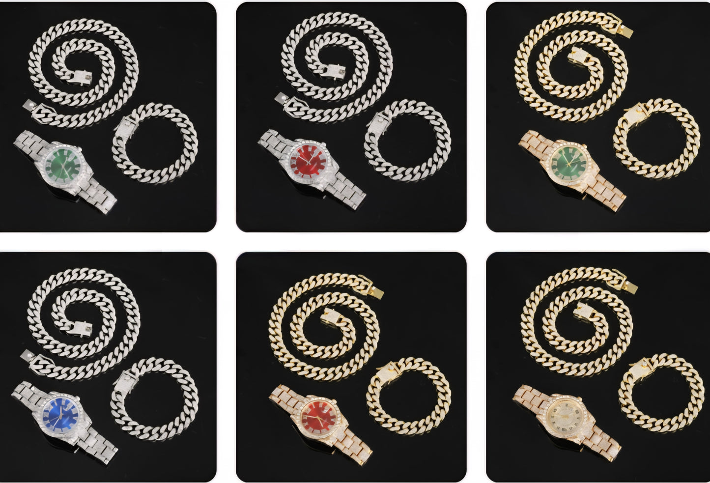 3-Piece Hip Hop/Rock Jewelry Sets: Bling Crystal AAA+ Rhinestone Iced Out Cuban Chain, Colored Watch + Bracelet