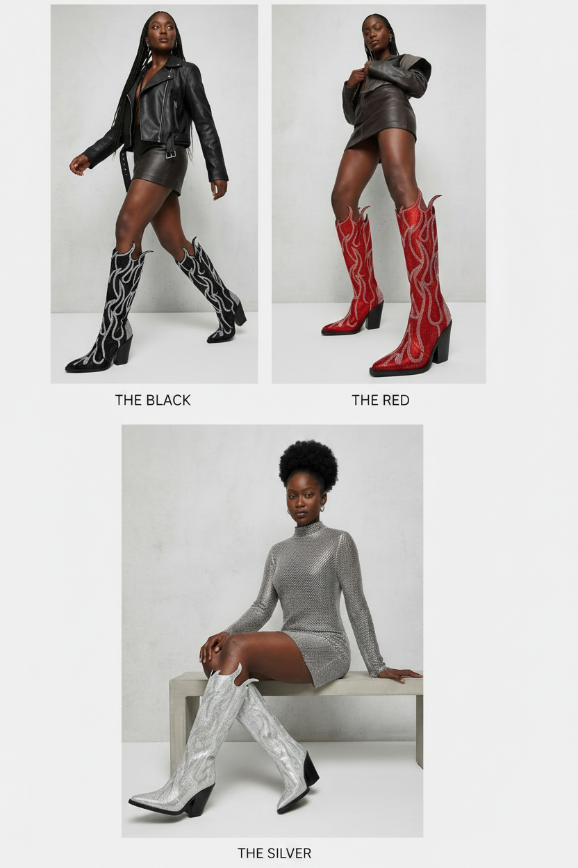 Rhinestone Metallic Ripped Flame Thrower Design Pointed Toe Wedge Heel Women's Knee-High Western Cowgirl Boots