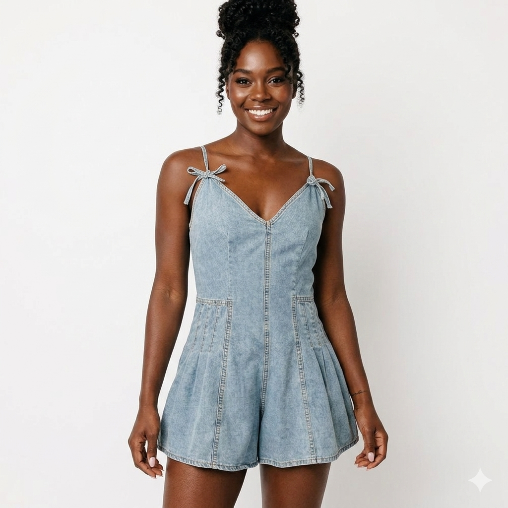 Denim Sleeveless Stonewashed Bowknot Design Spaghetti Strap Women's Ruched Waist Cowgirl Jean Shorts Romper