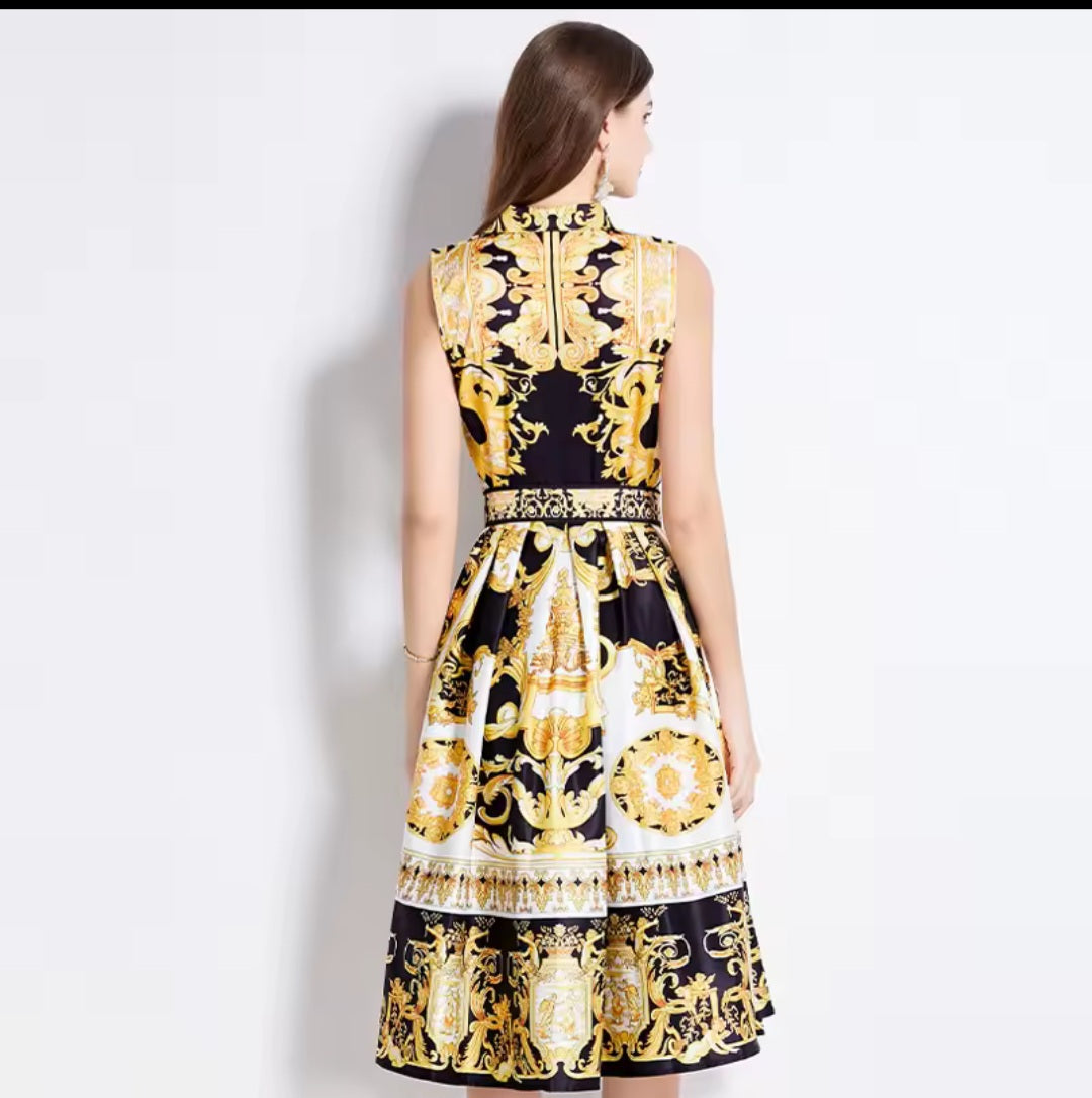 Sleeveless Floral Baroque Print Turn-Down Collar Belted Maxi Dress