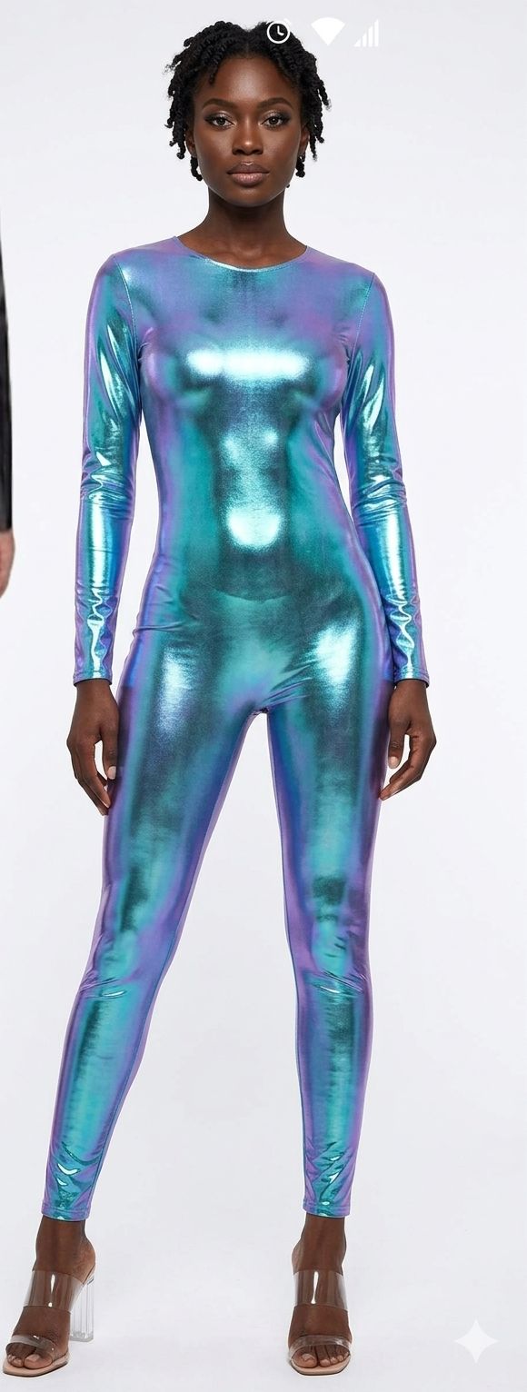 Metallic Shiny Faux Leather Solid Color Women Long Sleeve Dance Bodysuit Clubwear Long Sleeve Jumpsuit to 3X Plus Size