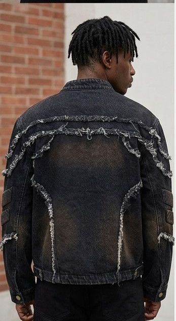 Men's Denim Vintage Tiered Tassel Fringe Embossed Frayed Shoulder Design Stand Collar Biker Jean Jacket