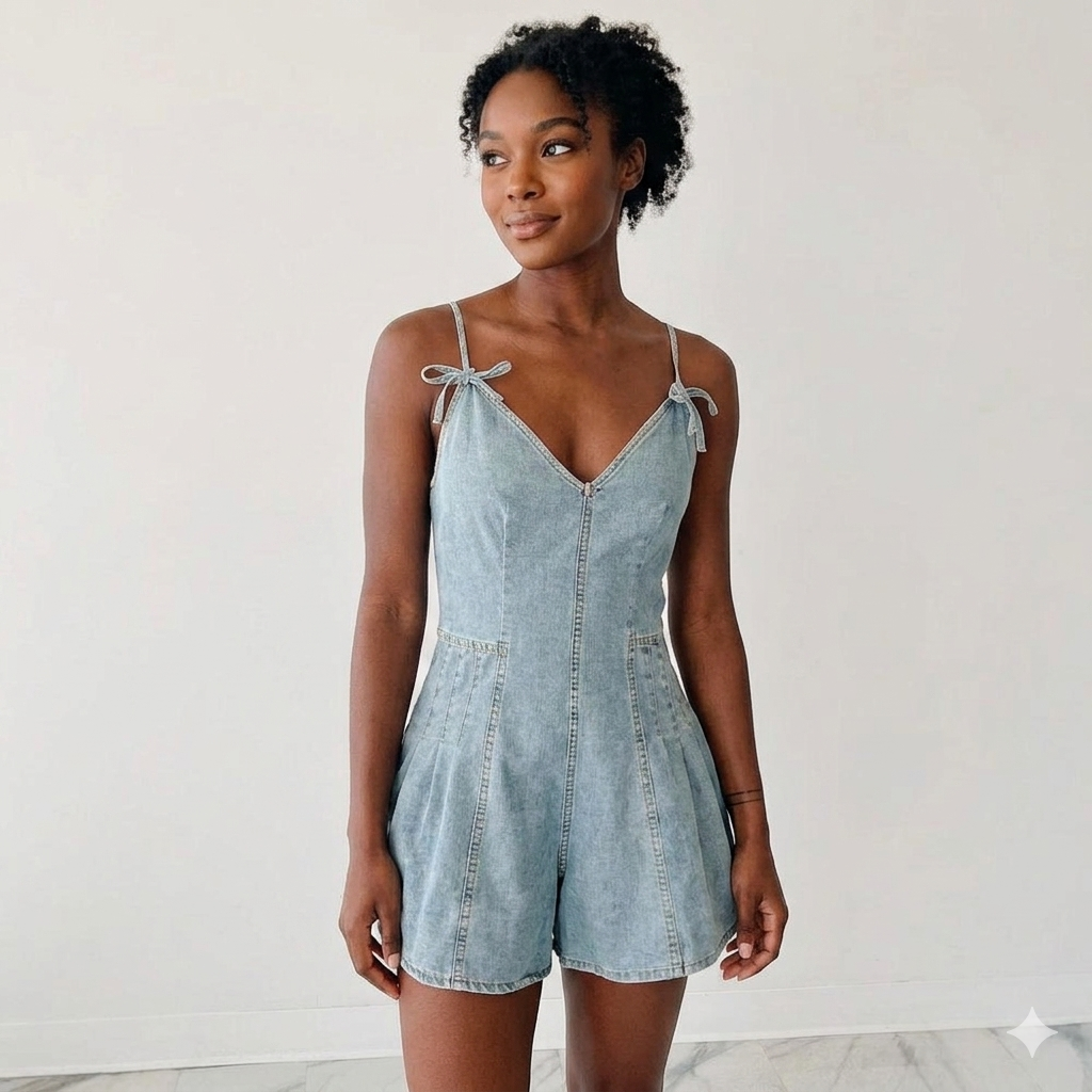 Denim Sleeveless Stonewashed Bowknot Design Spaghetti Strap Women's Ruched Waist Cowgirl Jean Shorts Romper