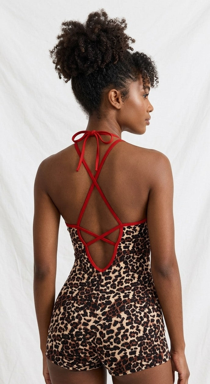 Sleeveless Leopard Print Bowknot Hollow-Out Design Women's V-Neck One-Piece Shorts Romper