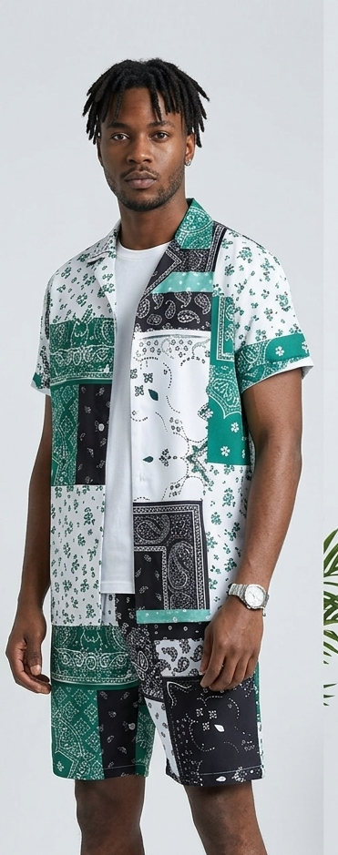 Men's Paisley Colorblock Bandana Print Turn-Down Collar Short Sleeve Shirt + Matching Shorts 2-Piece Set to 6X Big & Tall