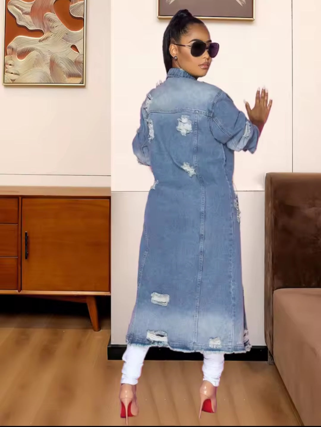 Denim Blue Washed Ripped Double Pocket Hole Design Turn-Down Collar Long Sleeve Women's Jean Trenchcoat to 5X Plus Size