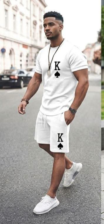 Men's King Of Spades Print Loose Solid Color Casual T-Shirt + Shorts 2-Piece Set to 6X Big & Tall