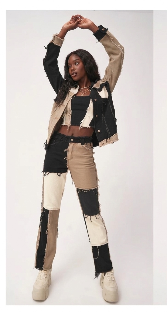 Raw Edge Denim  Colorblock Checker Fringe Hem Design Streetwear Hip-Hop Women's Jeans