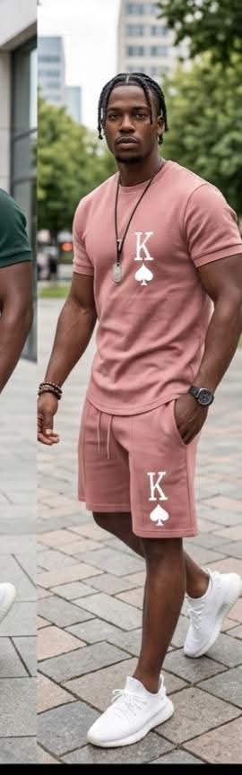 Men's King Of Spades Print Loose Solid Color Casual T-Shirt + Shorts 2-Piece Set to 6X Big & Tall